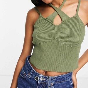 Le Lis‎ Army Green Knit Sweater Tank Criss Cross Ribbed Large NWT